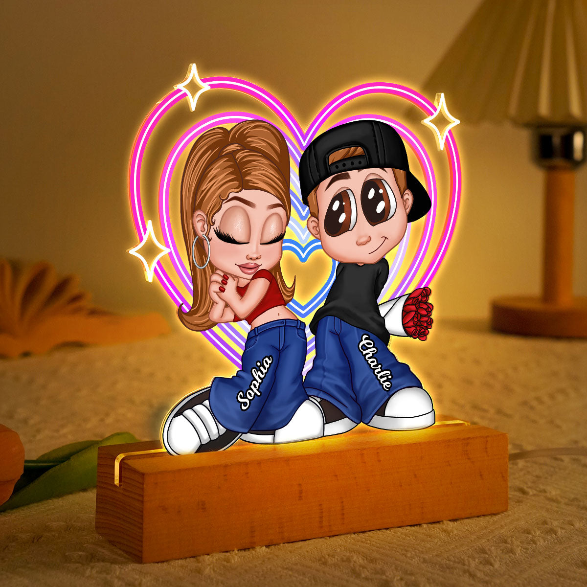 Y2K Couple Retro Heart Personalized Acrylic LED Night Light, Unique Valentine's Day Gift For Him, Gift For Her