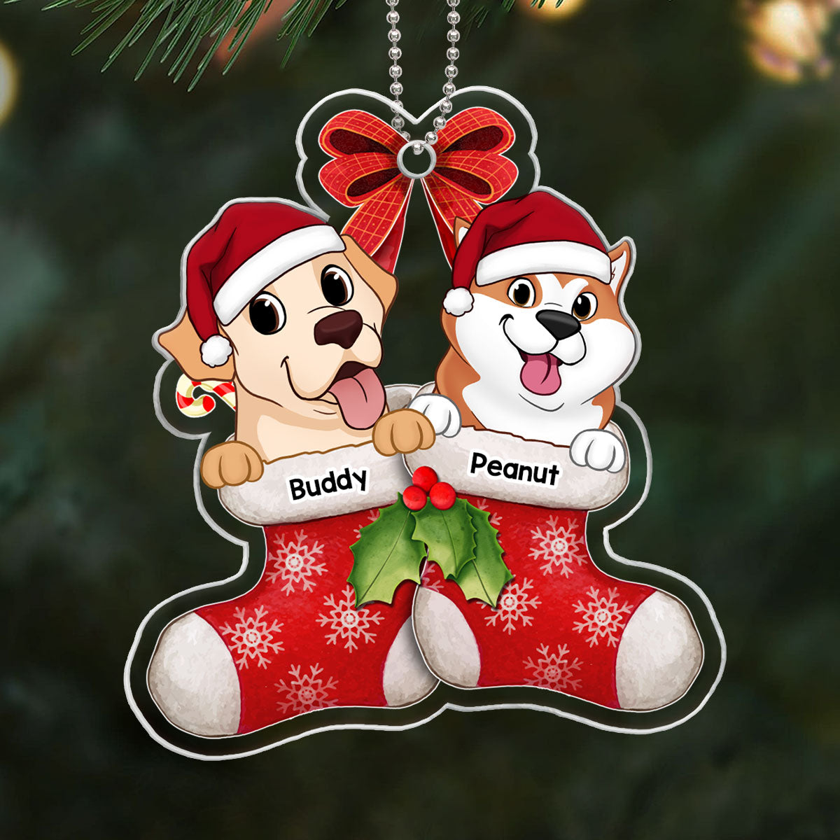 Cute Dogs On Christmas Stockings Personalized Acrylic Ornament