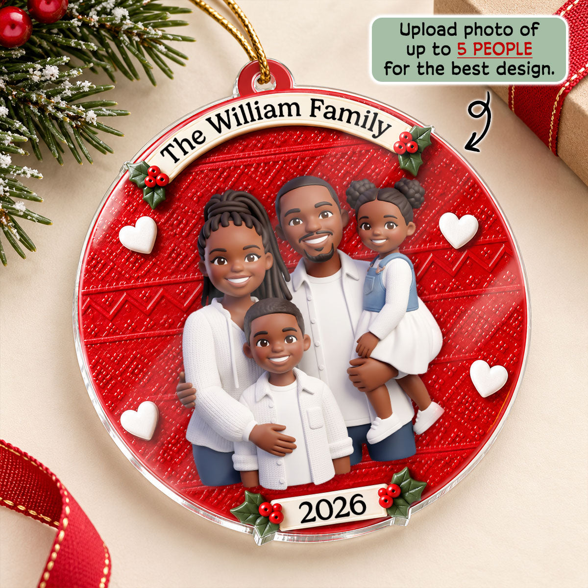 Custom Family Cartoon Portrait from Photo - Personalized Acrylic Ornament - Christmas Gift Keepsake for Family
