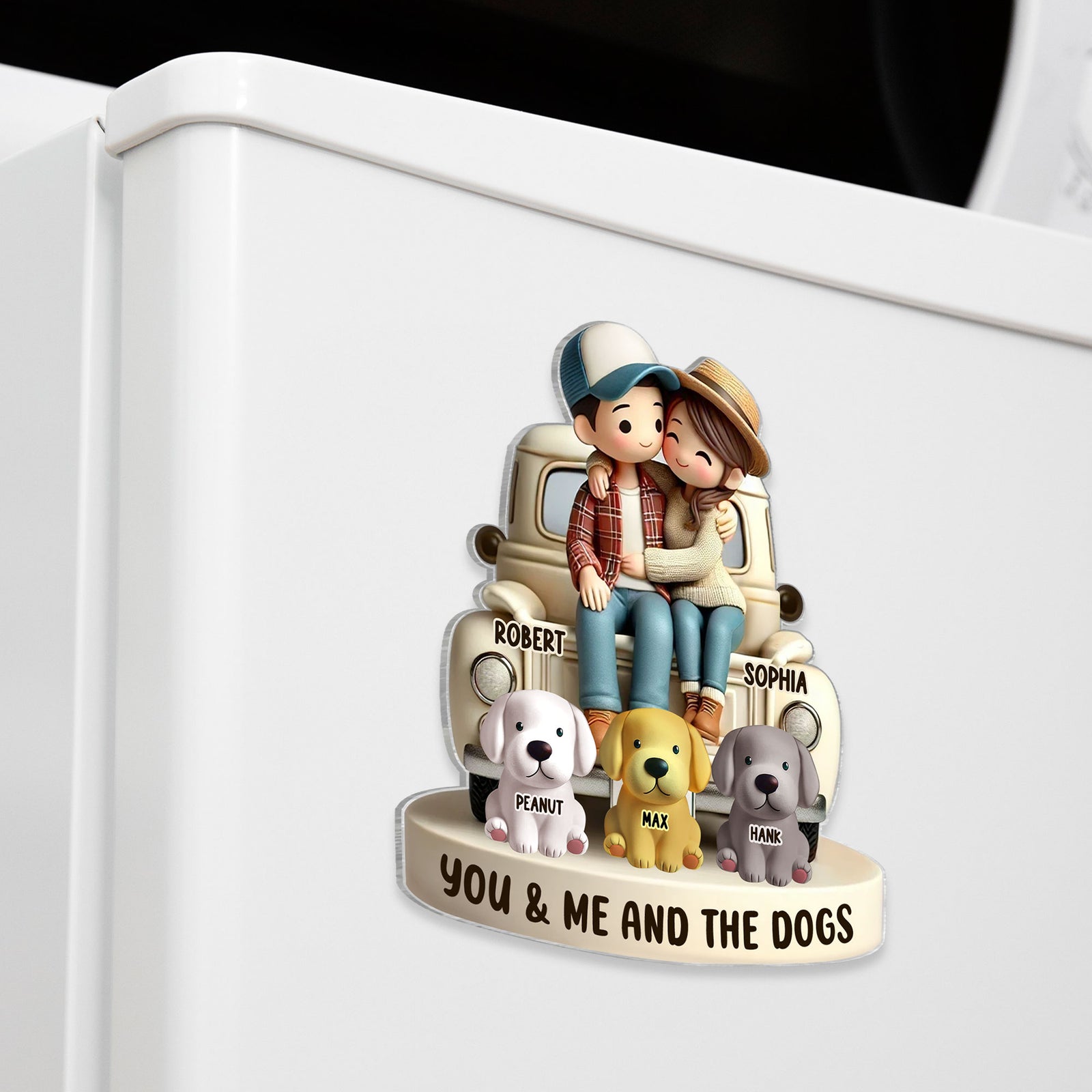 3D Effect Couple On Truck You Me And The Dog Cats Personalized Fridge Magnet, Heartfelt Gift For Couple, For Dog Lovers, Cat Lovers, Pet Lovers