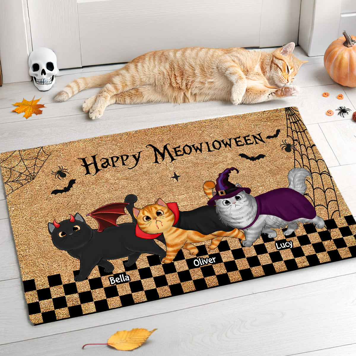 Spooky Season Happy Meowloween Spooky Walking Cats Personalized Doormat, Halloween Decor