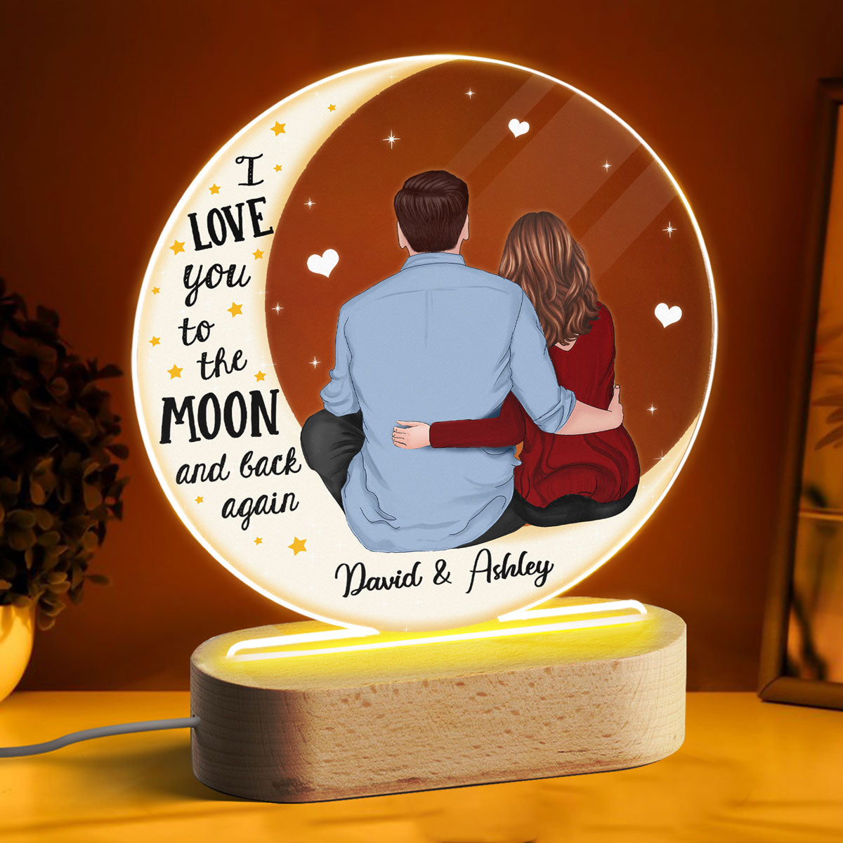 Love You To The Moon Couple Sitting Back View On Moon Personalized Circle Acrylic Plaque With LED Night Light - Valentine‘s Day Gift - Anniversary Gift For Her - Gift For Him