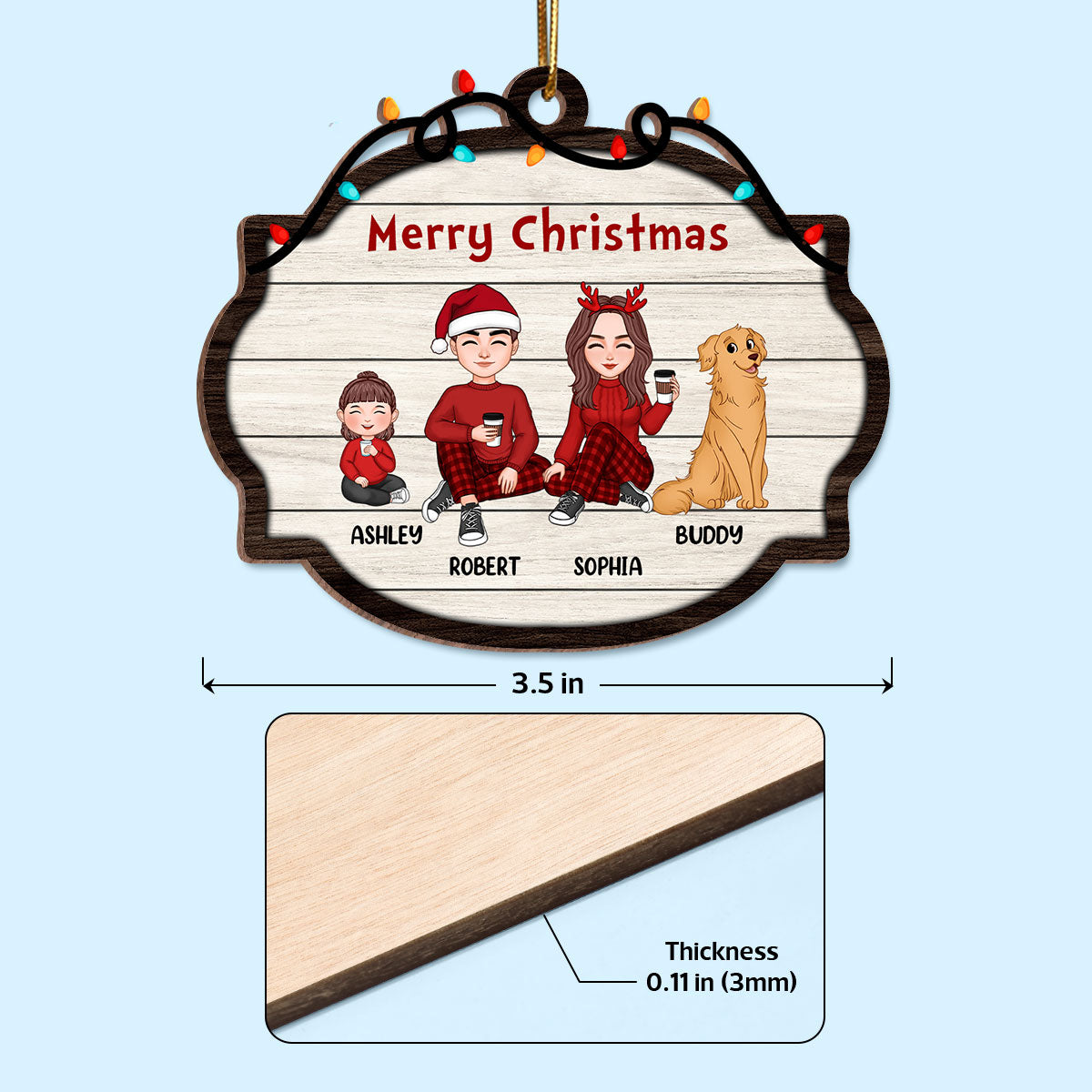 Cute Family Dad Mom Kids Dogs Cats Sitting Christmas Light String Personalized Wooden Ornament