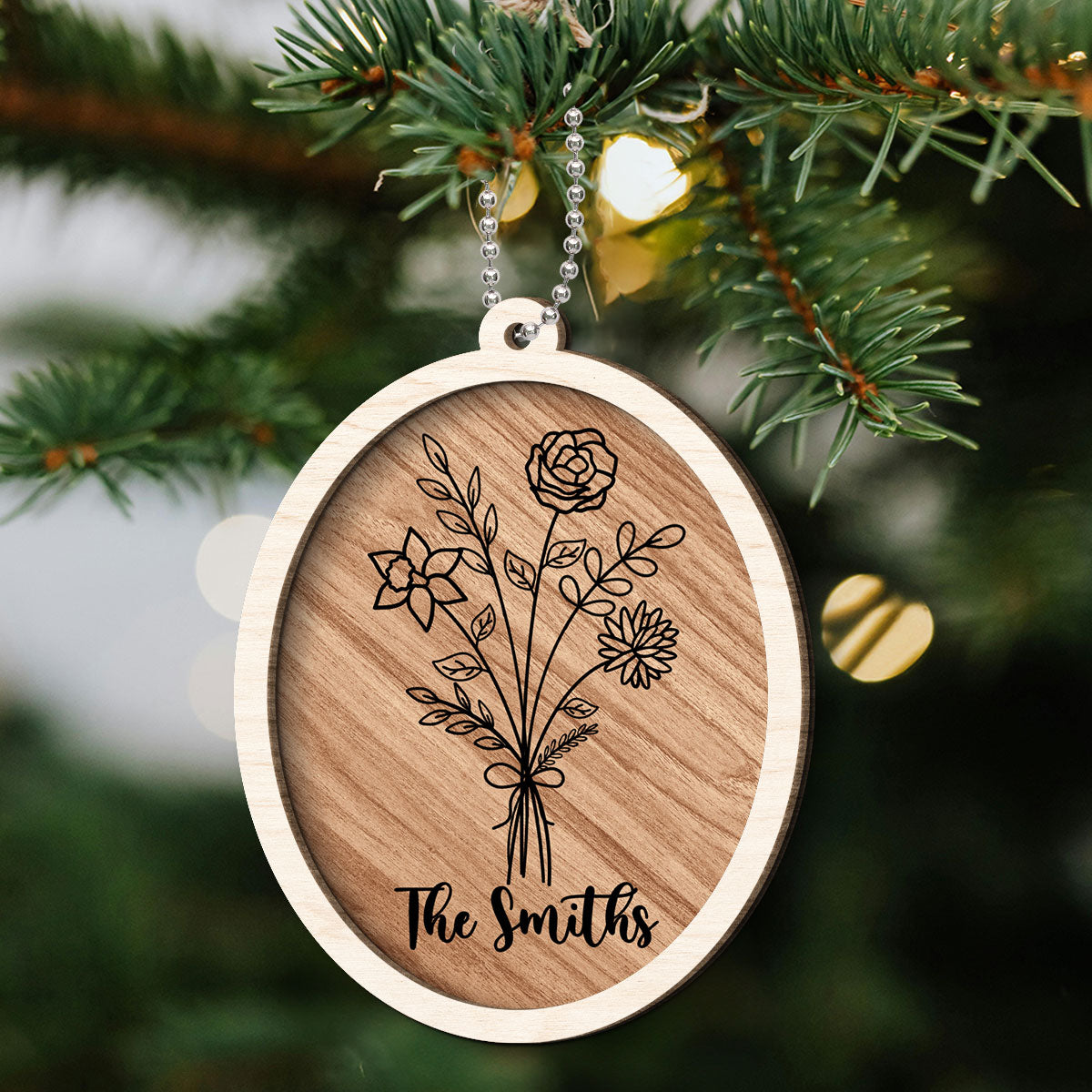 Family Sisters Besties Birth Month Flowers Bouquet Personalized 2-Layer Wooden Ornament, Christmas Gift