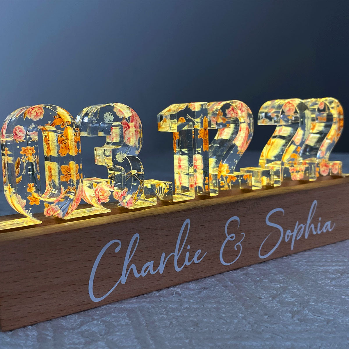Couple Engagement Wedding Anniversary Special Date Custom Flower Printed LED Night Light, Unique Valentine's Day Gift For Him, Gift For Her