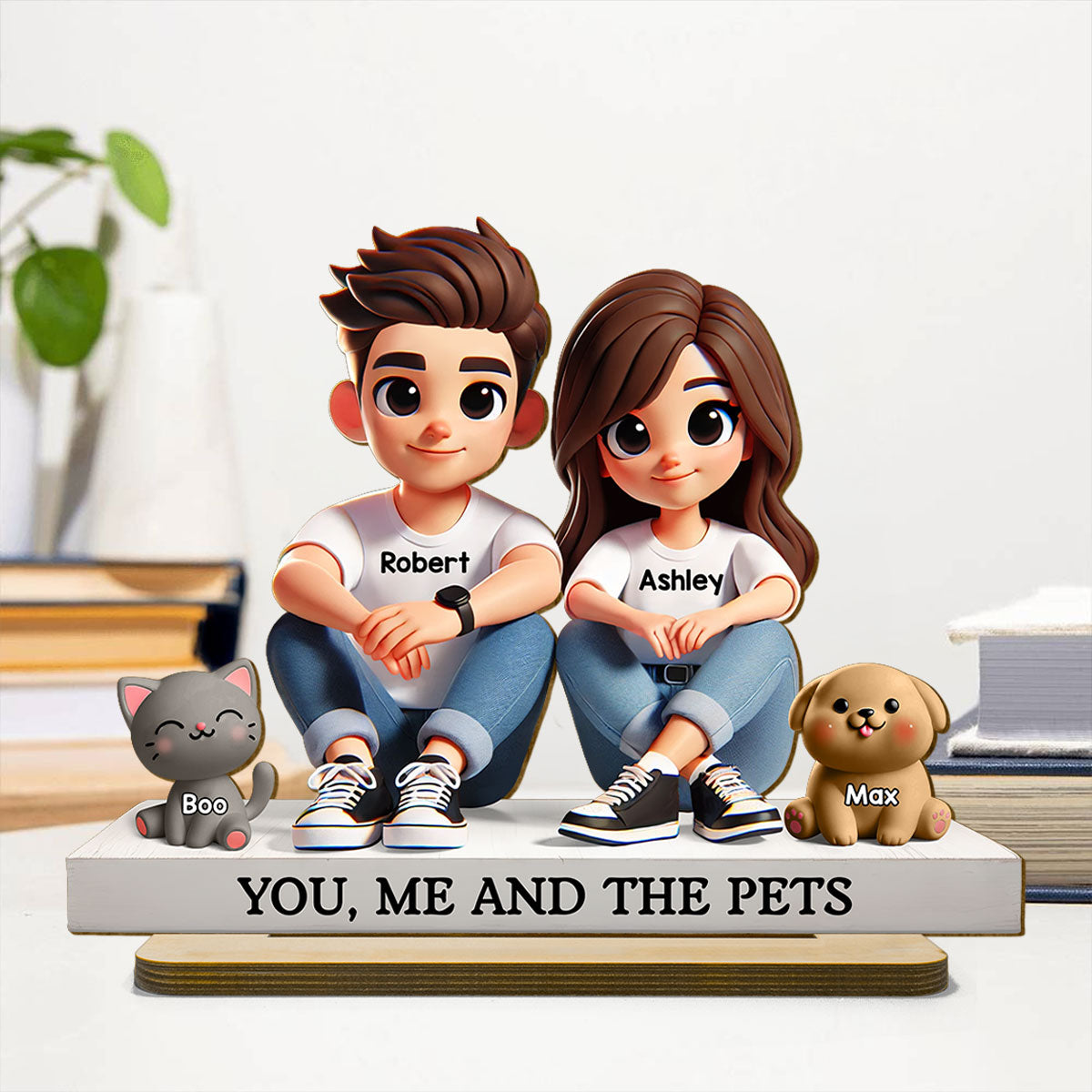 3D Effect Cute Couple And Dogs Cats Personalized Standing Wooden Plaque, Anniversary Gift,  gift, Couple Keepsake