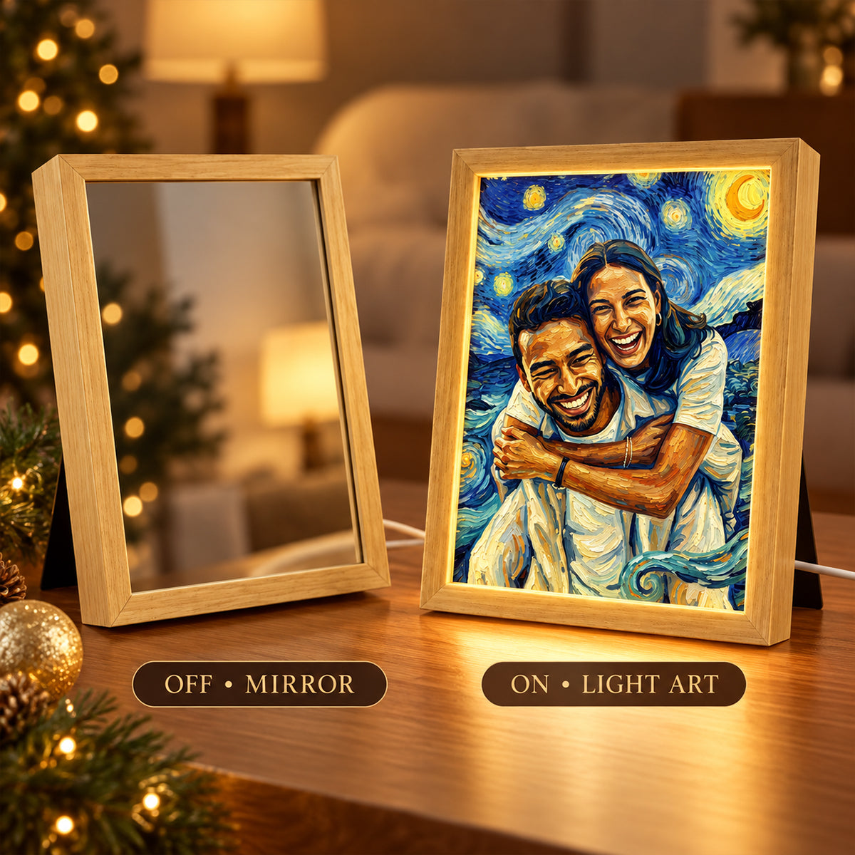 Custom Couple Van Gogh Portrait from Photo - Personalized Mirror Light Box - Heartfelt Anniversary Gift for Her, for Him, Christmas Keepsake