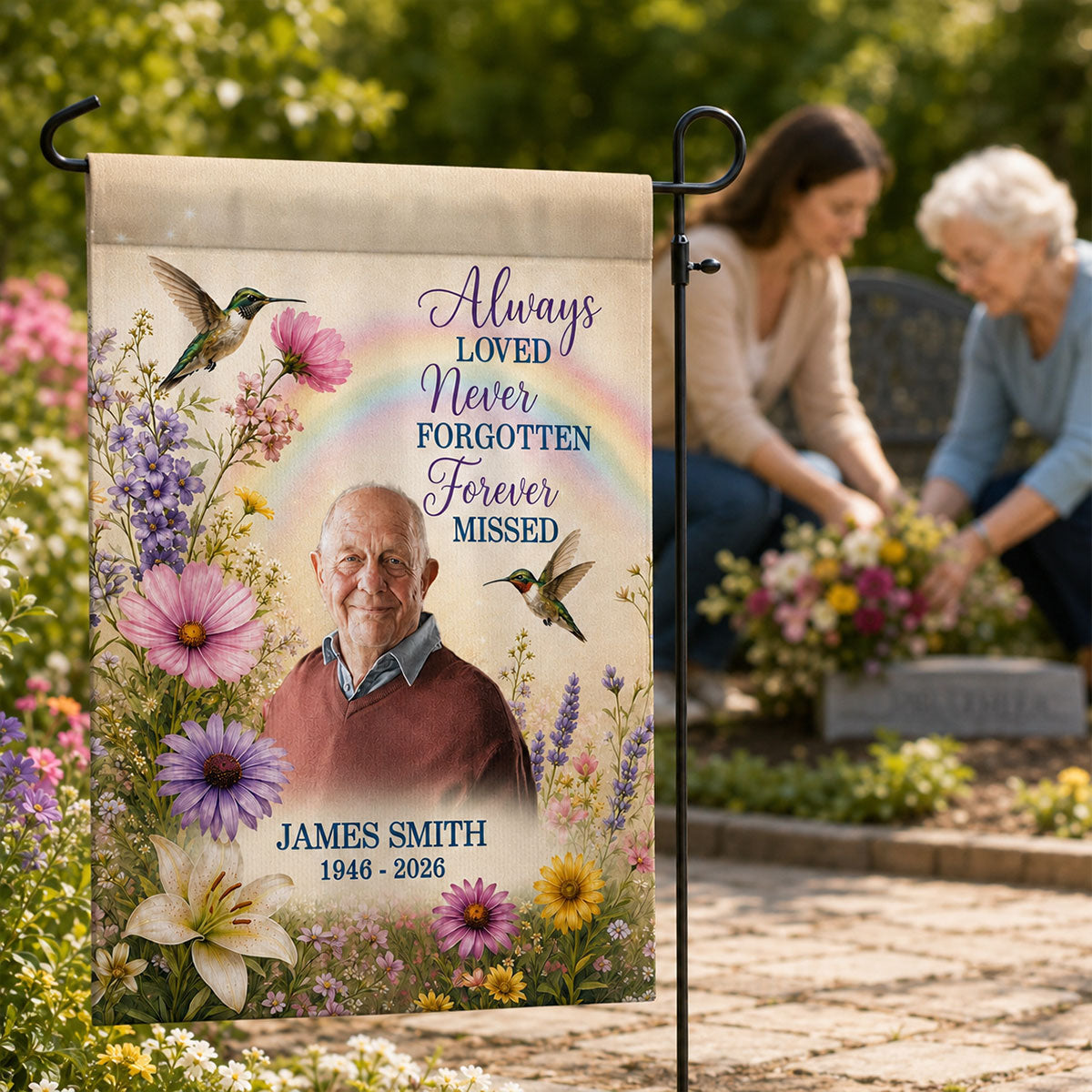 Always Loved Hummingbird Memorial - Personalized Garden Flag - Memorial Sympathy Gift Remembrance Keepsake Photo Inserted