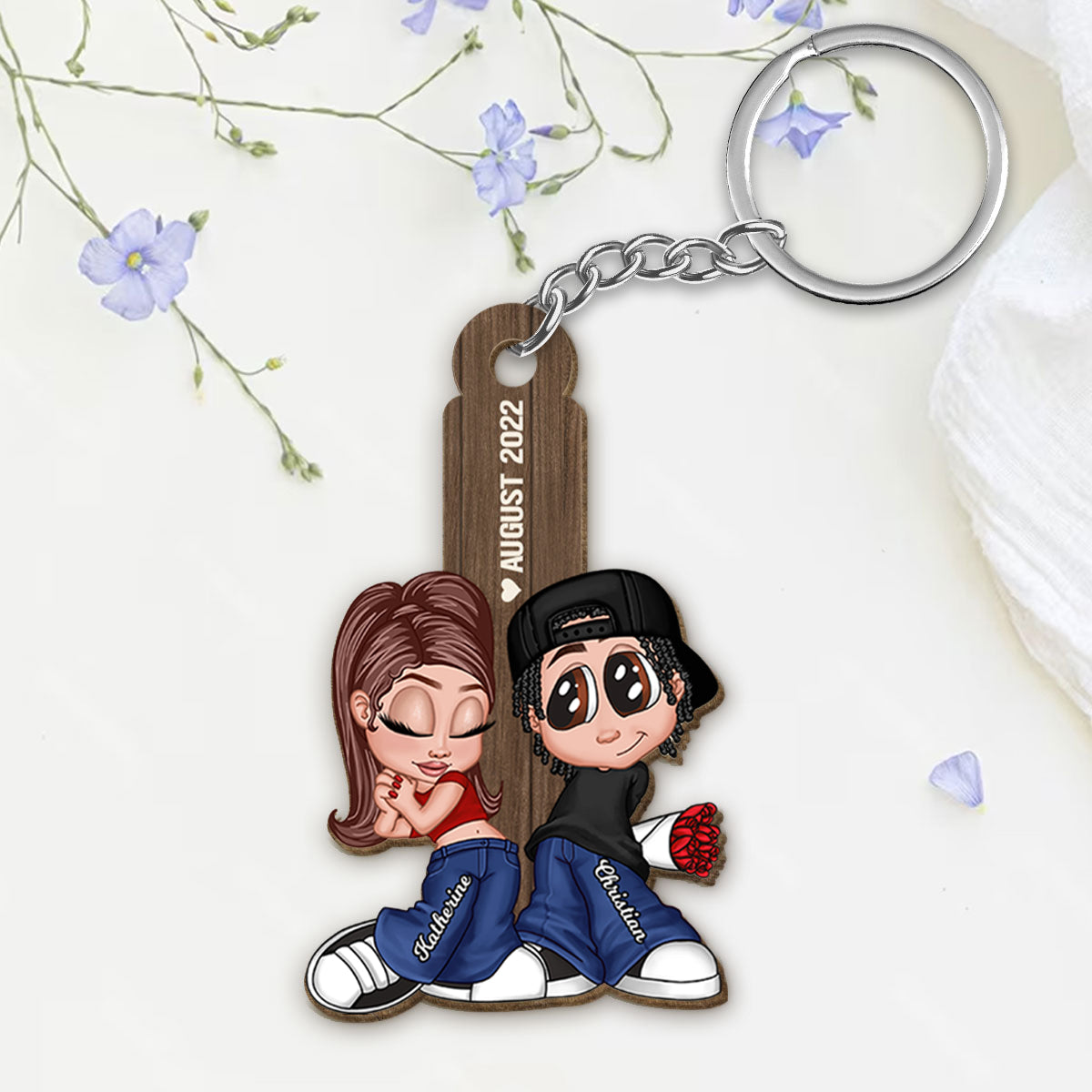 Y2K Couple Personalized Wooden Keychain, Gift For Him, For Her