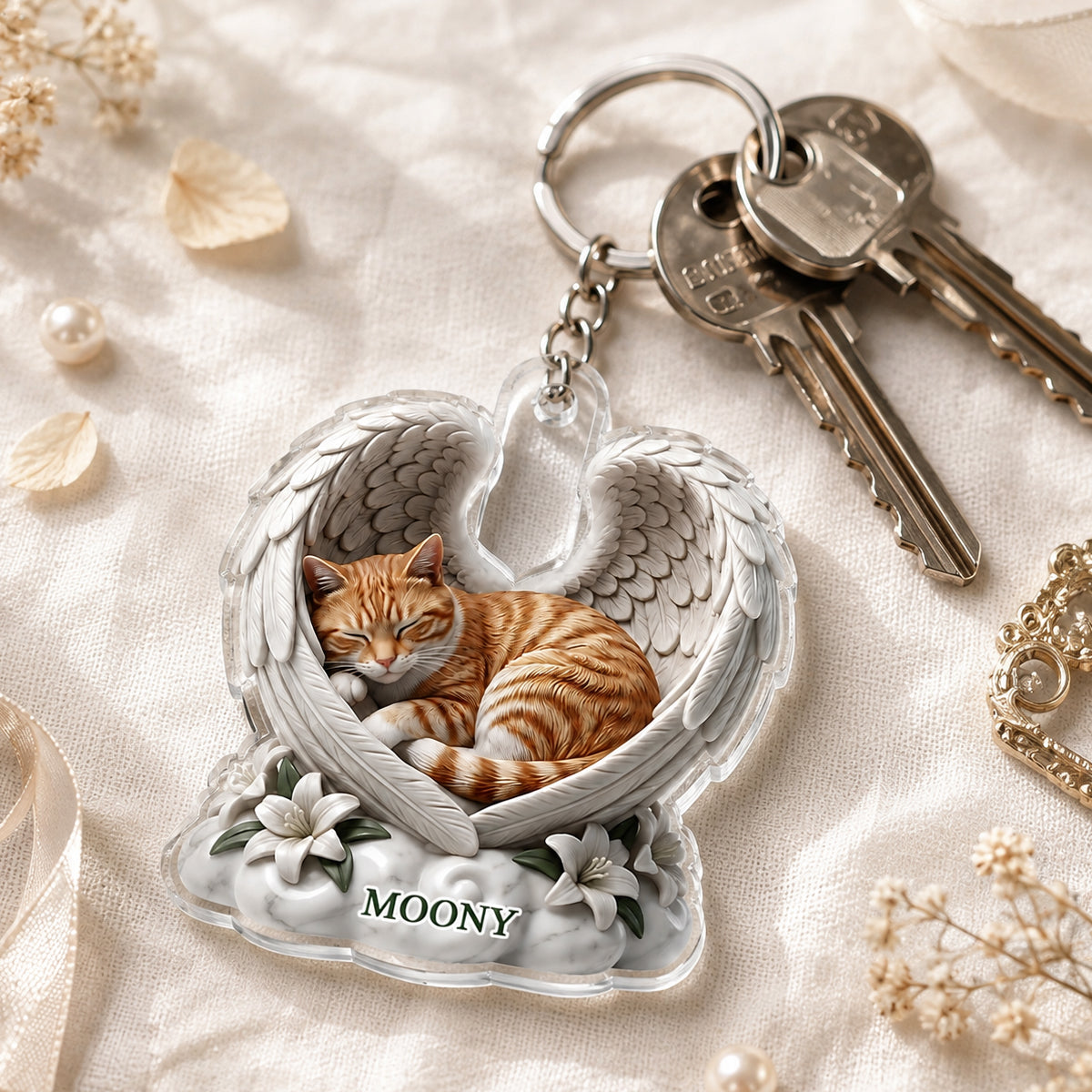 Custom Dog Cat Angel Wings Statue - Personalized Acrylic Keychain - Heartfelt Pet Memorial Gift