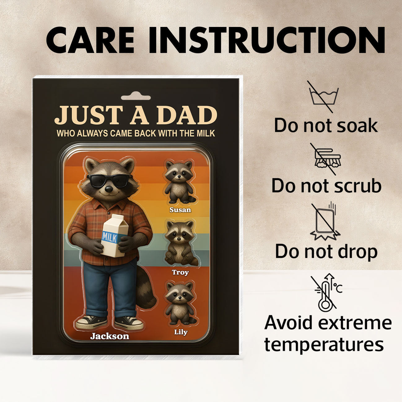 Just A Dad Always Came With Milk Funny Raccoon Dad Figure Personalized Acrylic Block