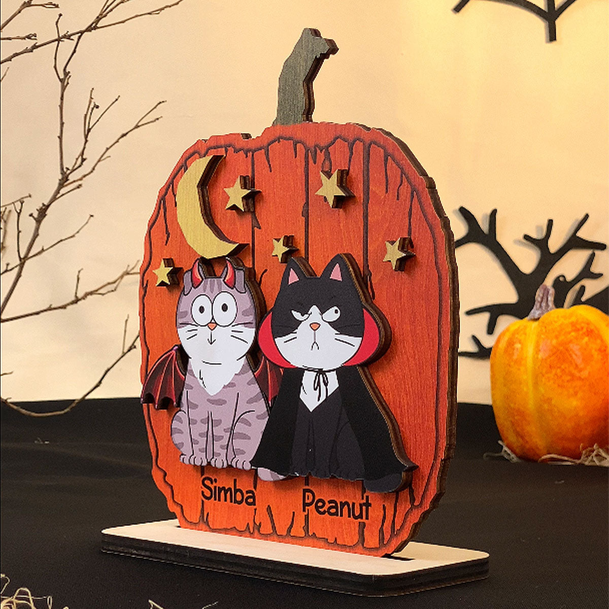 Halloween Funny Cats Pumpkin Shaped Personalized 2-Layer Standing Wooden Plaque, Spooky Halloween Tabletop, Tiered Tray, Shelf Sitter Decoration