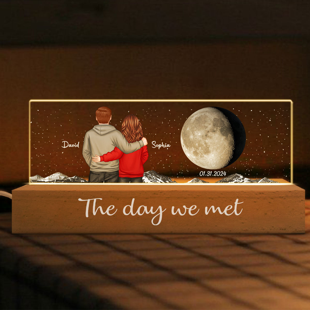 Back View Couple Custom Moon Phases The Day We Met Personalized Acrylic Block LED Night Light, Heartfelt Gift For Couple, For Him, For Her, Boyfriend, Girlfriend, Husband, Wife