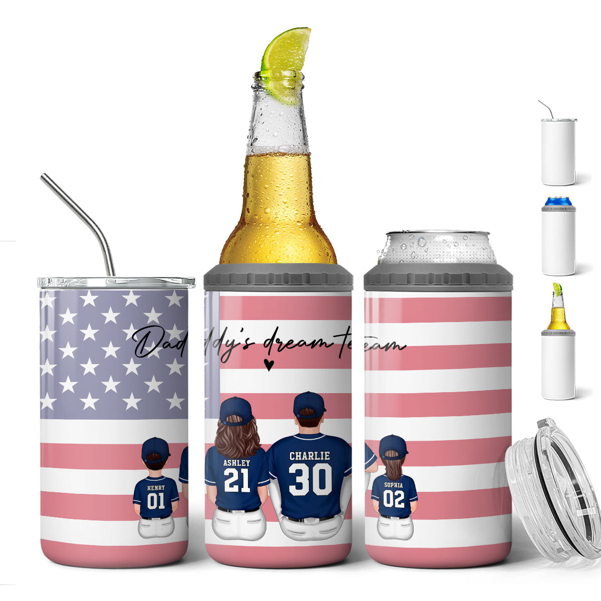 Daddy's Team Baseball Family Sitting Personalized 4 In 1 Can Cooler, Father's Day Gift For Dad, Grandpa, Husband