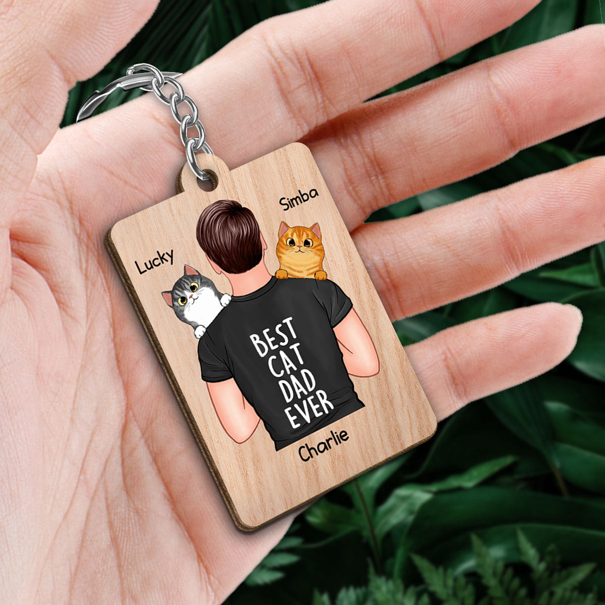 Man Carrying Cats On Shoulder Favorite Song Scannable QR Code Gift For Cat Dad Personalized Wooden Keychain
