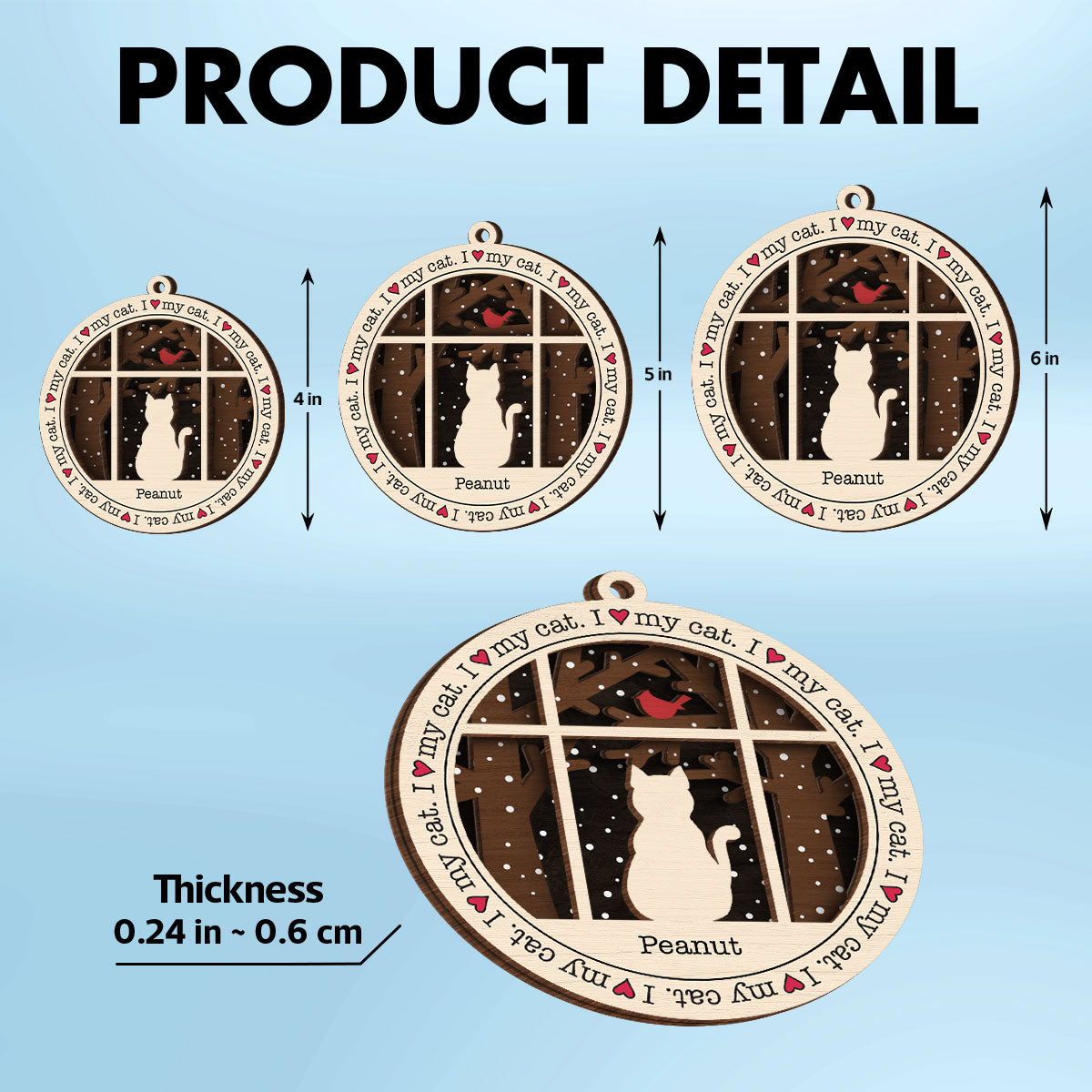 I Love My Cats Winter Windows Personalized 3-Layer Wooden Ornament, Christmas Gift for Cat Lovers