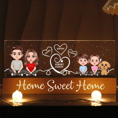 Home Sweet Home Cute Family Sitting Crossed Legs Personalized Acrylic Block LED Night Light,  Gift For Her, Gift For Him