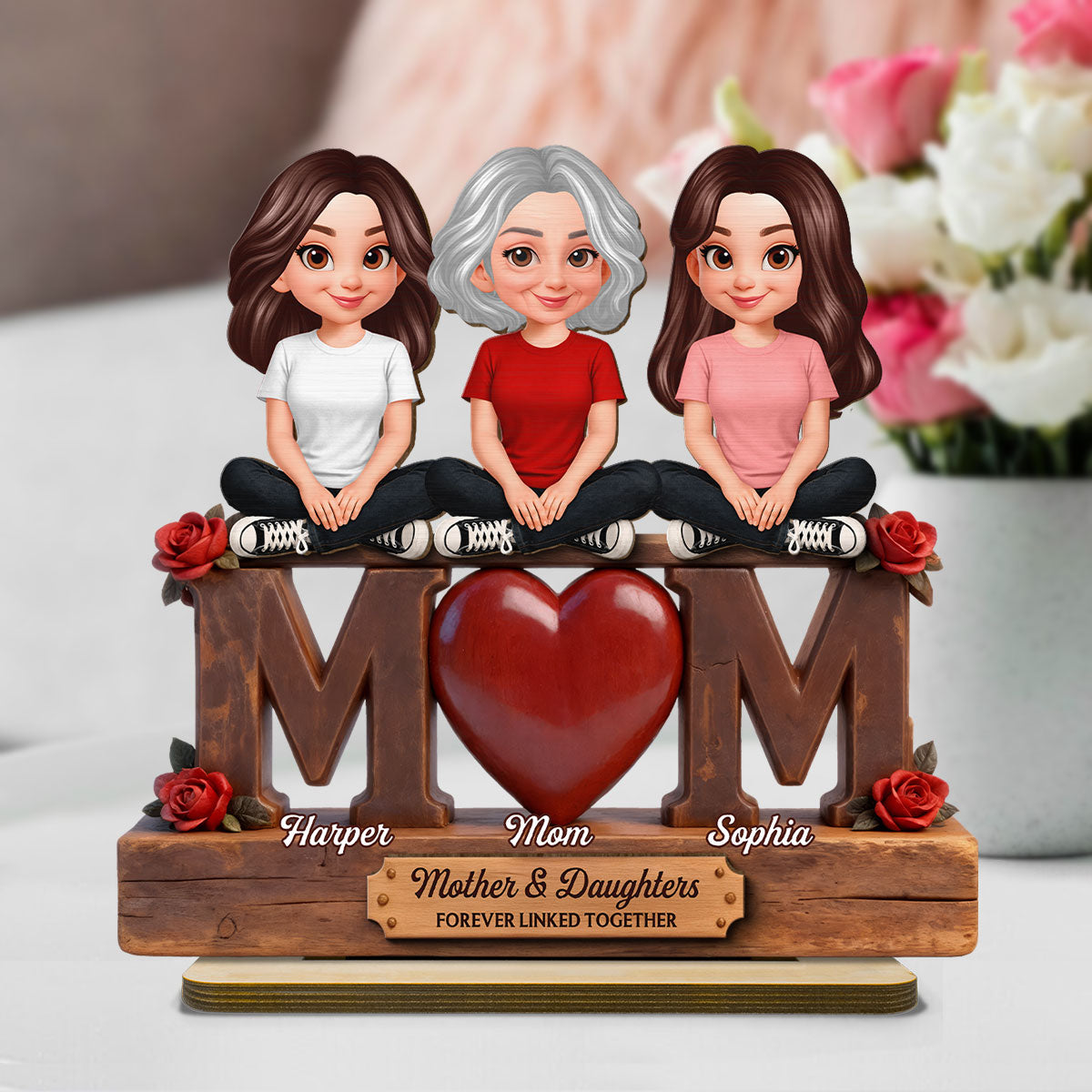 Beautiful Rose Love MOM And Daughters Sons - Personalized 2-Layered Wooden Plaque - Gift For Mom