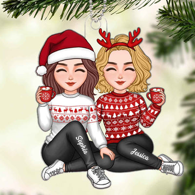Cute Besties Sisters Sitting Together Christmas Gift For Friends Sisters Personalized Acrylic Ornament
