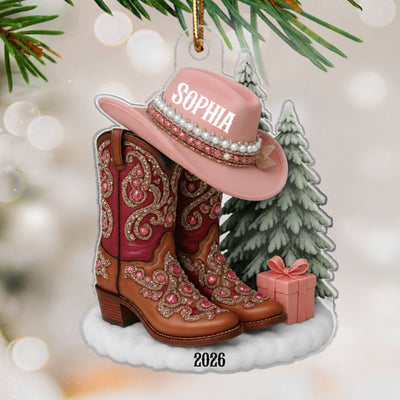 3D Effect Boots And Hat Cowgirl Name - Personalized Acrylic Ornament
