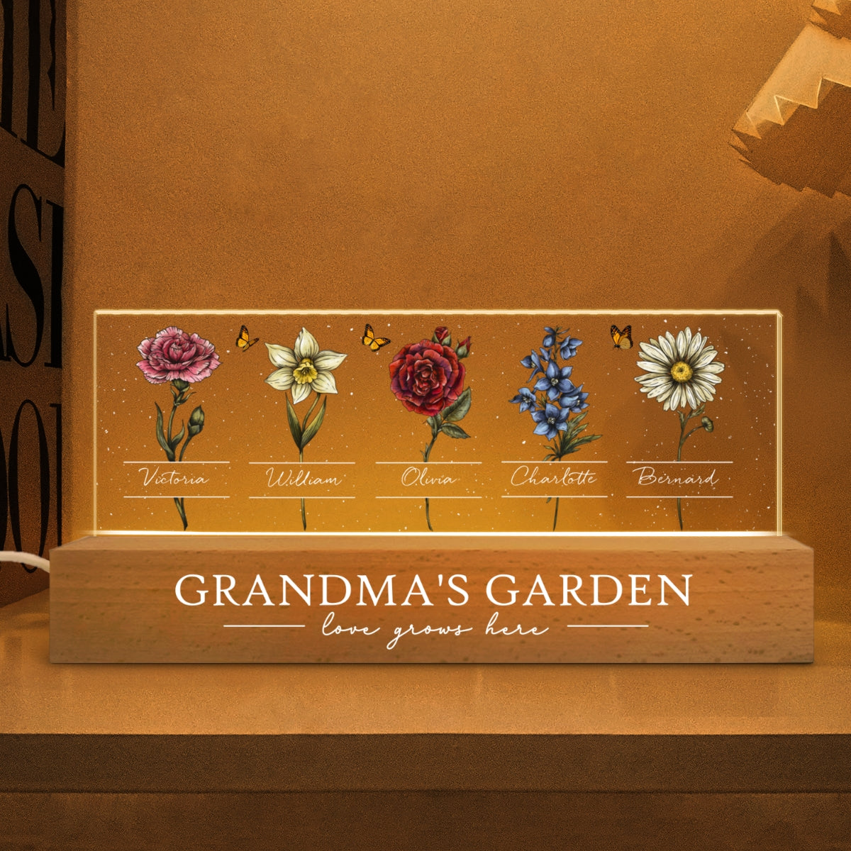 Grandma's Garden Of Grandkids Birth Month Flowers - Personalized Acrylic Block Plaque LED Night Light - Gift For Grandma, Gift For Mom