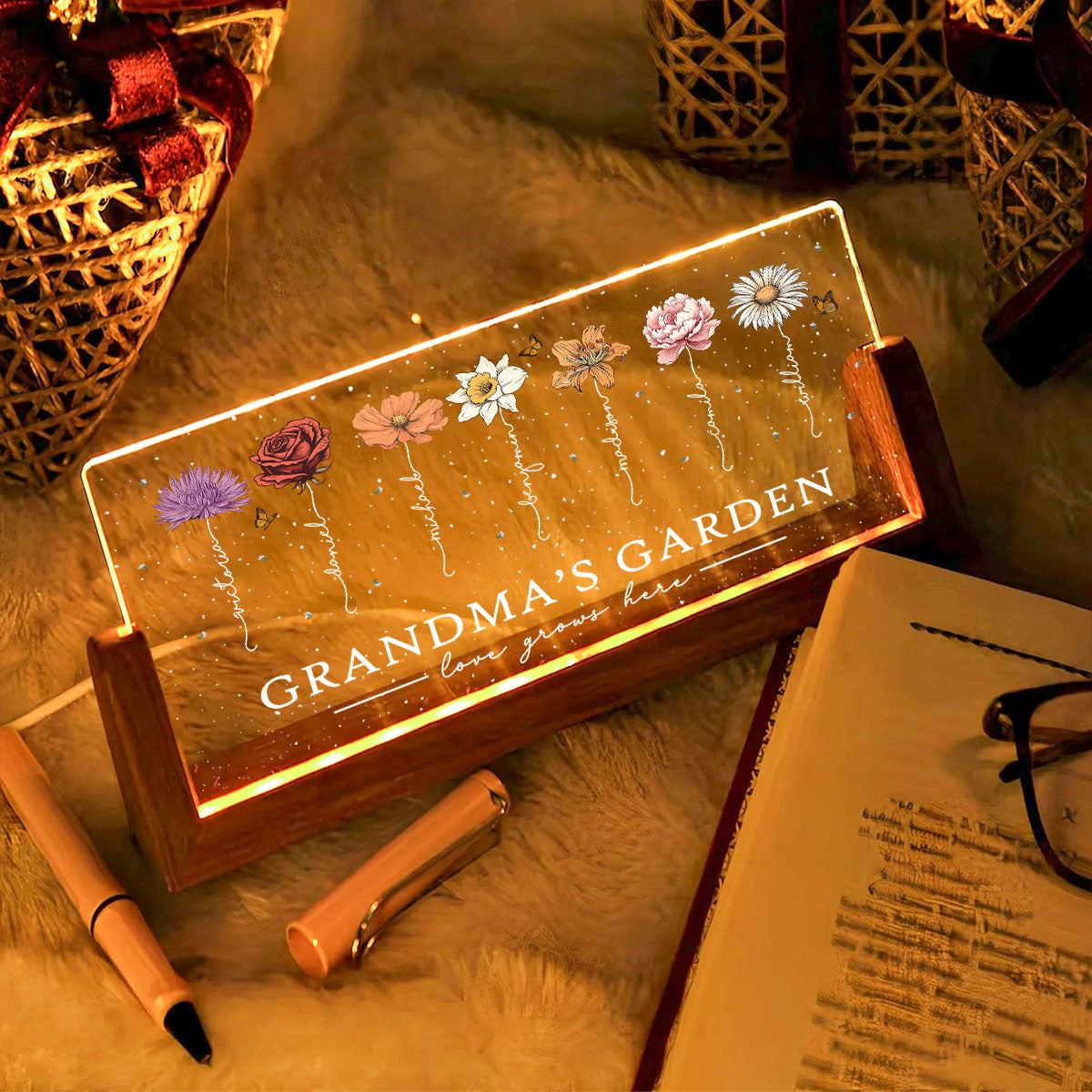 Grandma's Garden Love Grows Here Birthmonth Flowers Personalized U-Base Acrylic LED Night Light, Grandkids Names Floral Gift