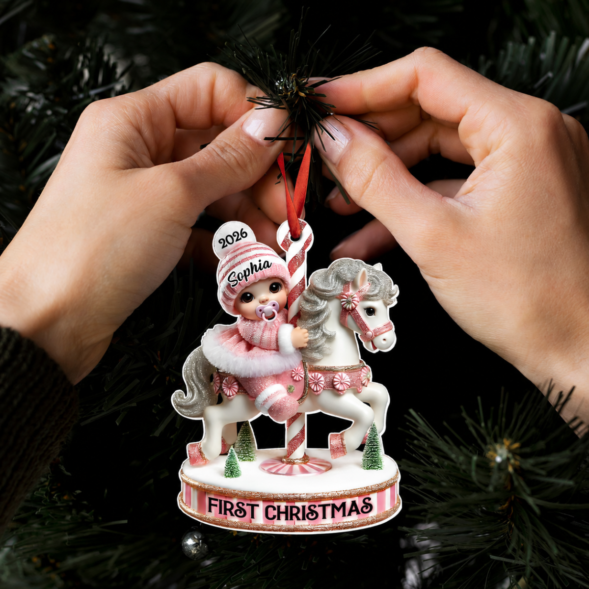 Baby's First Christmas Cute Baby On Carousel Horse Personalized Acrylic Ornament, New Parents Keepsake, Gift For Newborn