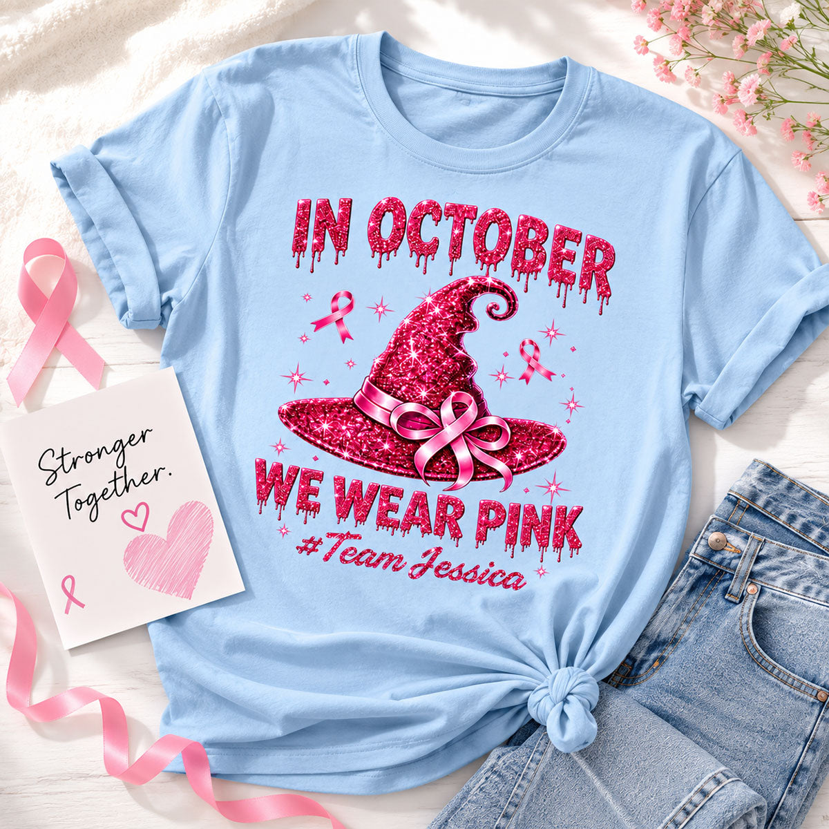 Pink Witch Hat - Personalized Shirt - In October We Wear Pink, Breast Cancer Awareness