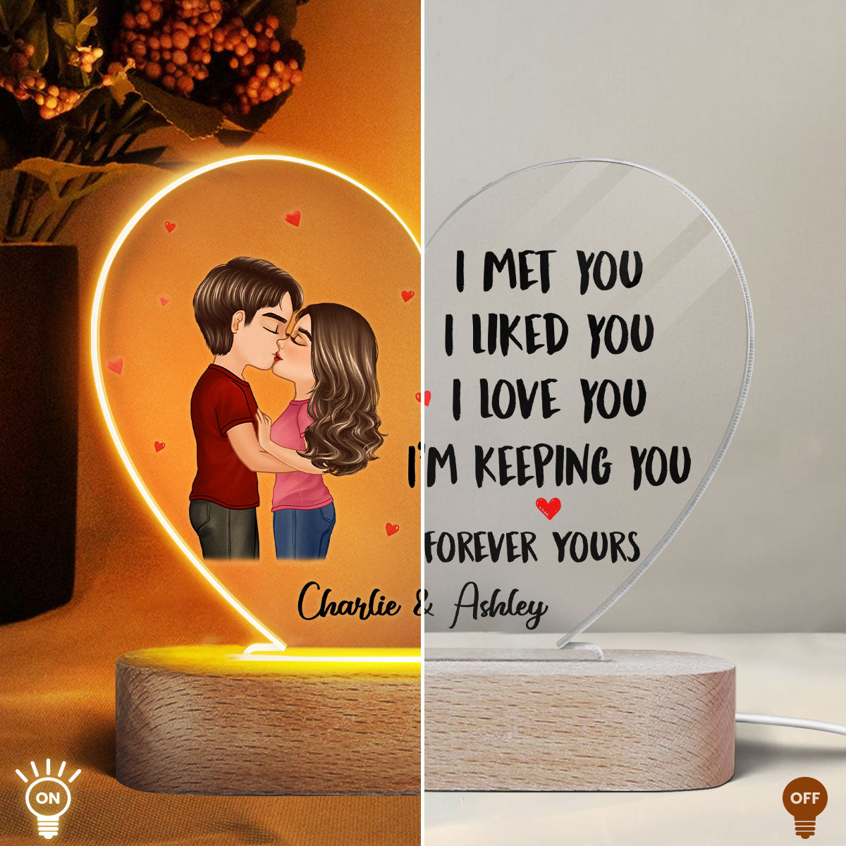 Doll Couple Kissing - Personalized Acrylic Block Plaque LED Night Light - Anniversary Gift For Him, Gift For Her
