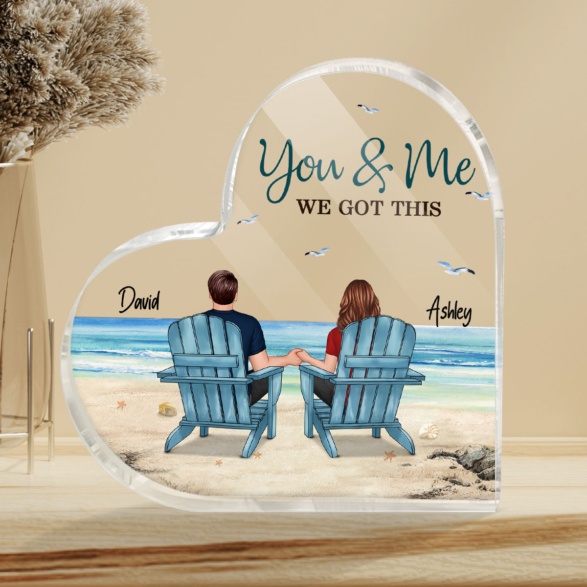 Back View Couple Sitting Beach Landscape Personalized Heart Acrylic Plaque