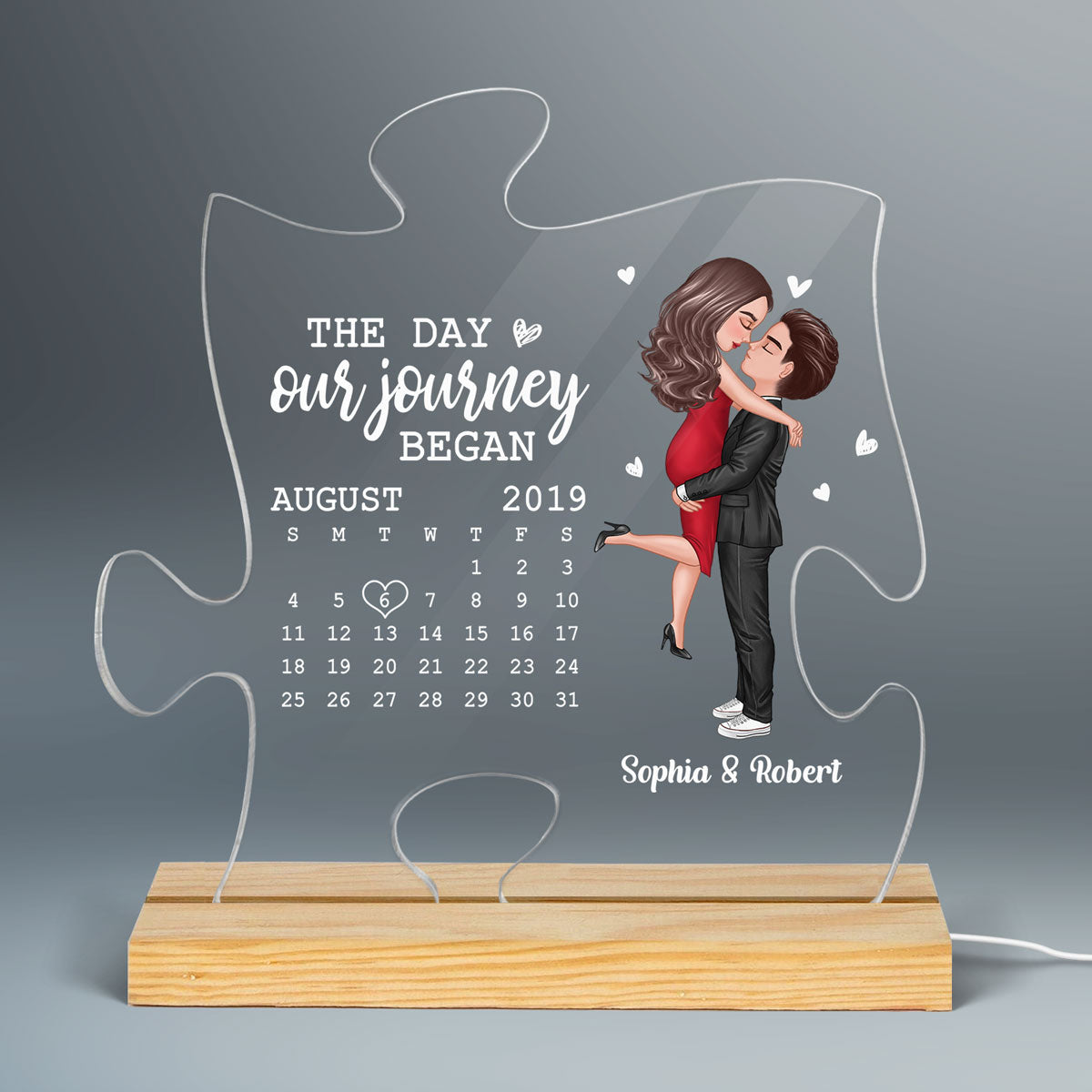The Missing Piece Couple Kissing Anniversary Date Calendar Personalized Puzzle Shaped Acrylic Plaque With LED Night Light - Anniversary Gift For Couple - Gift For Him, Gift For Her