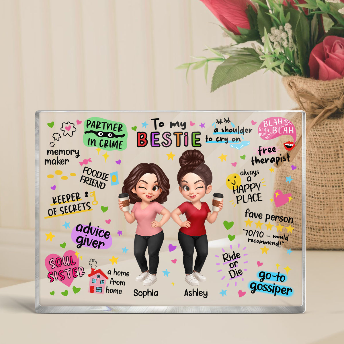 Pretty Besties Sisters Funny Gift Personalized Acrylic Block Plaque