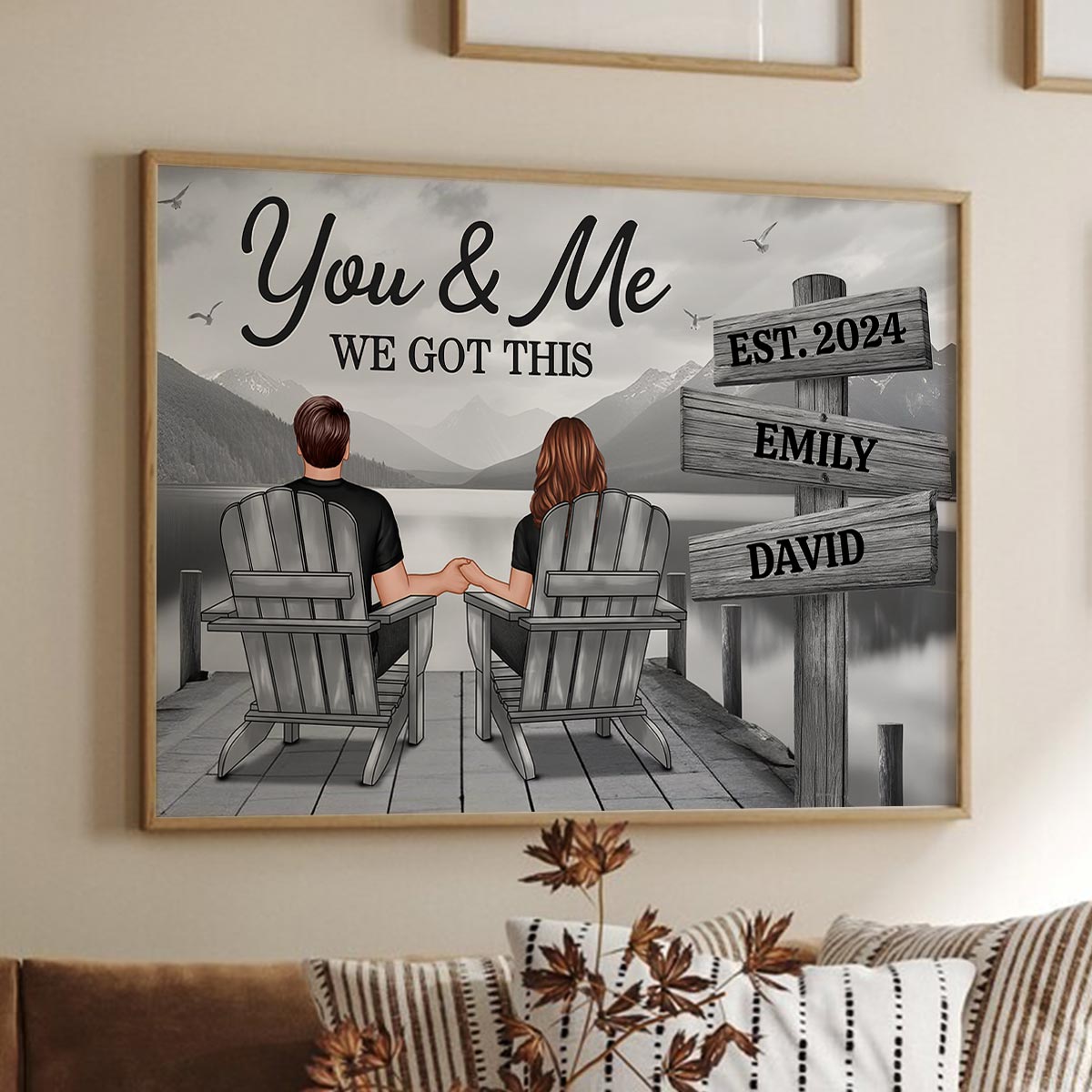 Lake Dock Couple Sitting Holding Hands Sign Posts Personalized Poster, Home Decoration, Gift For Her, For Him