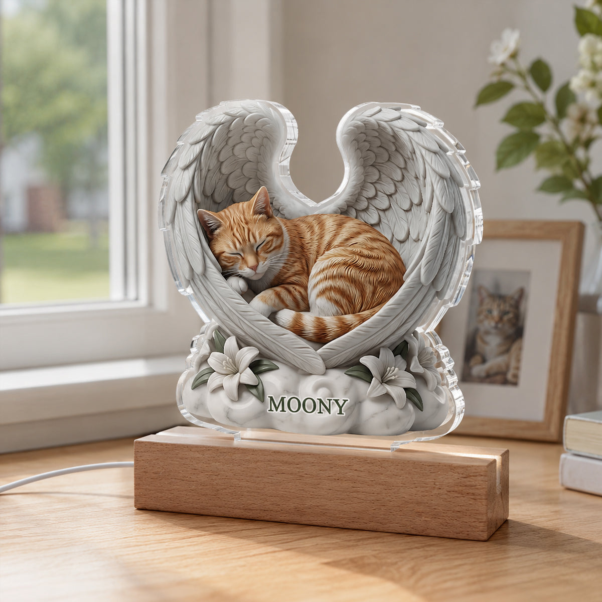 Custom Dog Cat Angel Wings Statue - Personalized Acrylic Block LED Night Light - Heartfelt Pet Memorial Gift