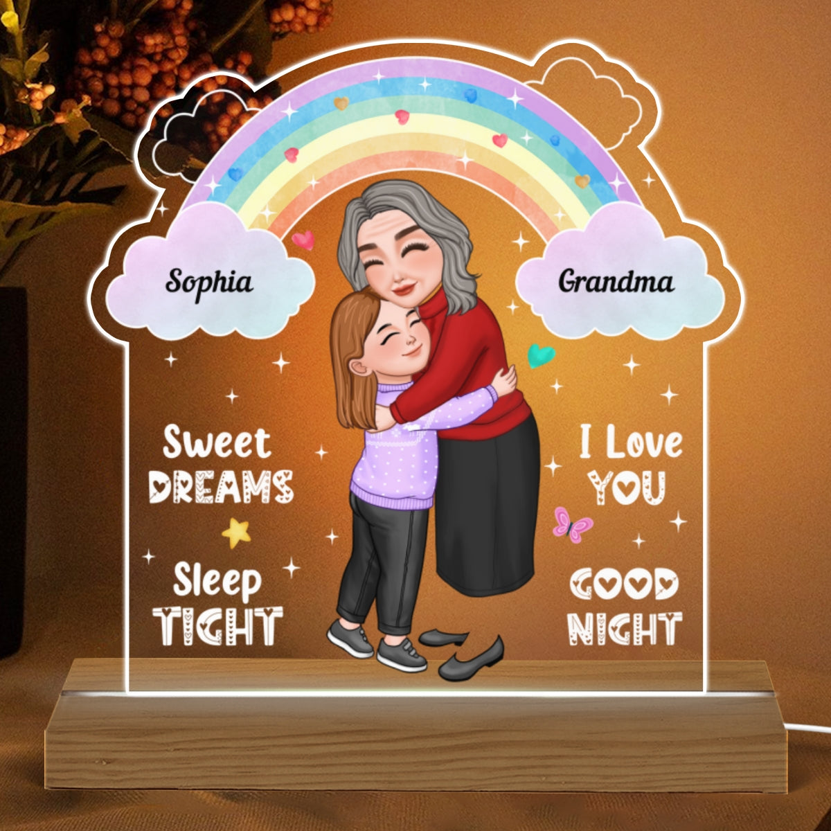 Sweet Dreams Sleep Tight Grandma Mom Hugging Little Girl Personalized Acrylic Plaque With LED Night Light