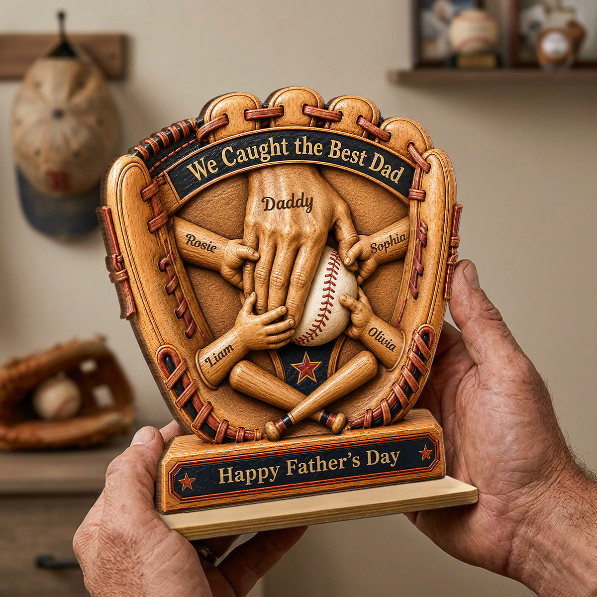 Baseball Glove Dad & Kids' Hands - Personalized 2-Layered Wooden Plaque - Father's Day Gift For Dad, Husband