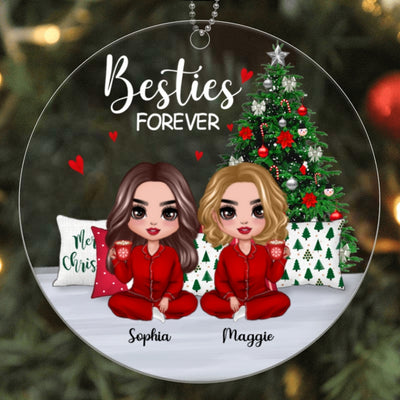 Pajamas Doll Besties Sisters Sitting Christmas Personalized Acrylic Ornament