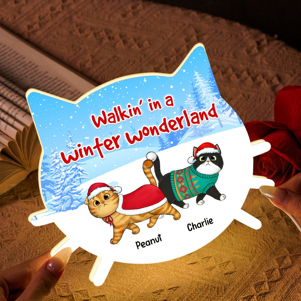 Walkin' In Winter Wonderland Fluffy Cats - Personalized Light Box - Gift For Cat Lovers, Christmas Decoration
