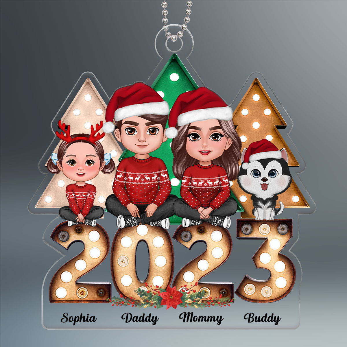 Christmas Tree Marquee Family Sitting Personalized Acrylic Ornament