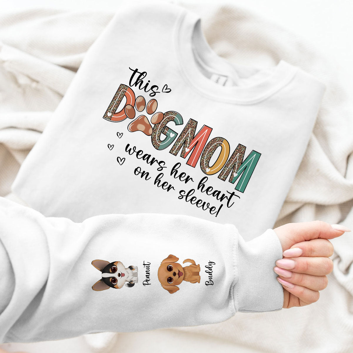 Dog Mom Wears Her Heart On Her Sleeve, Watercolor Cute Dog, Gift For Dog Mom, Personalized Sleeve Printed Sweatshirt