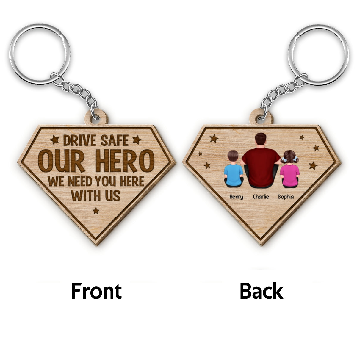 You‘re Our Superhero Back View Sitting Man Kids Dog Cat Personalized Wooden Keychain