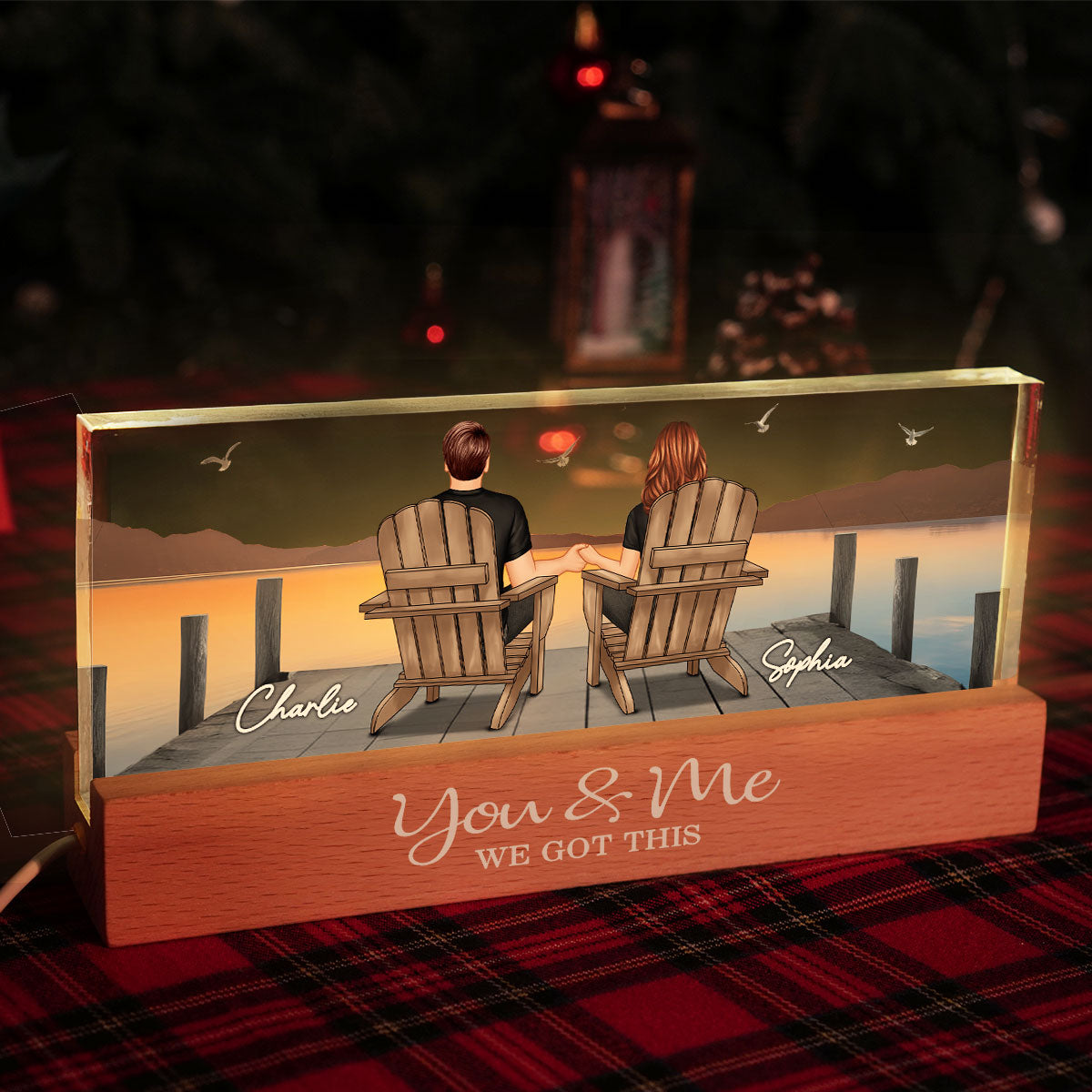 Couple Sitting On The Bridge, Lake Dock Personalized Acrylic Block LED Night Light, Heartfelt 2025  Gift For Couple, For Her, Girlfriend, Wife