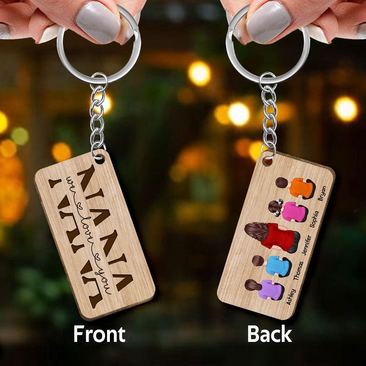 Best Nana Ever Back View Woman Kids Dog Cat Personalized Wooden Keychain