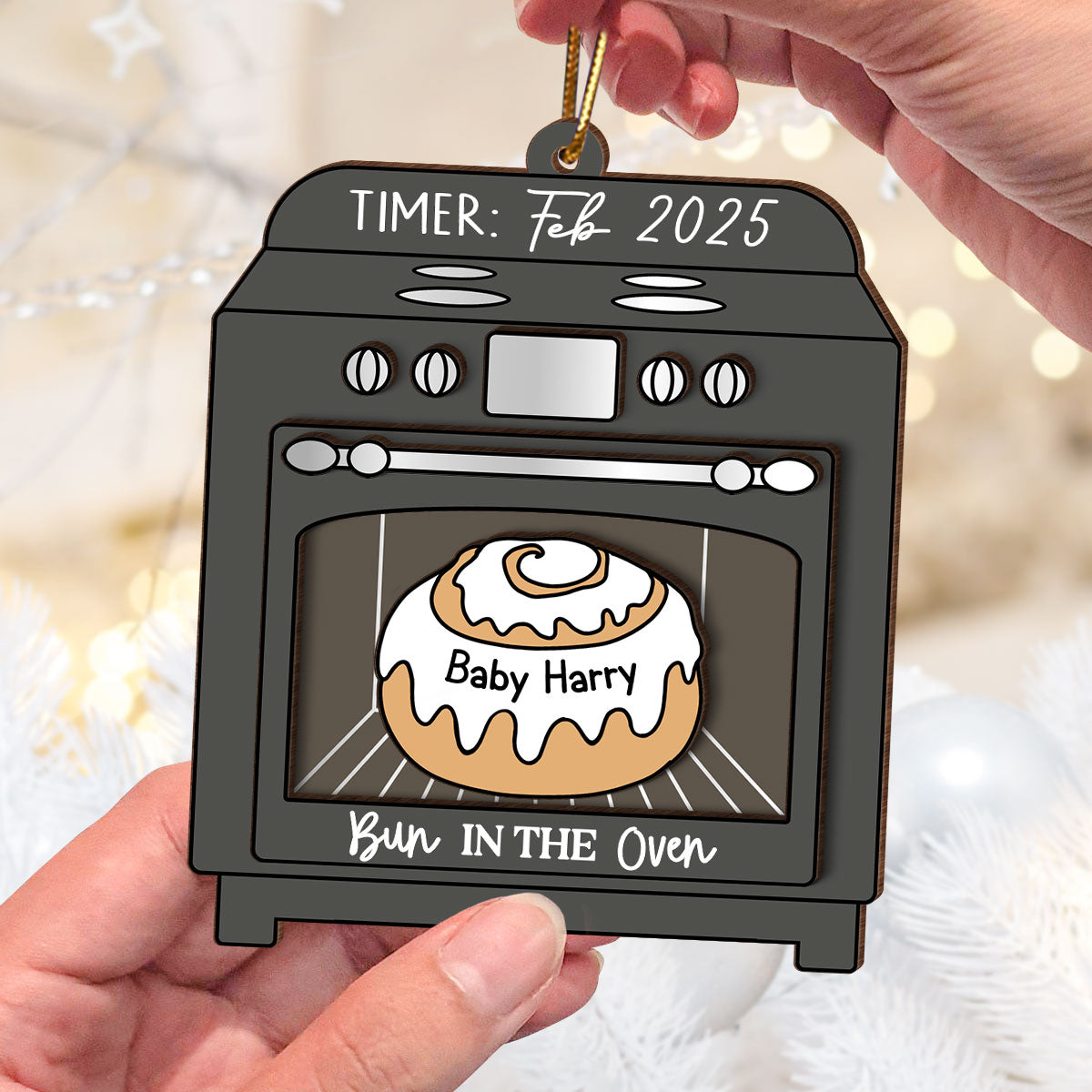 Bun In The Oven Pregnancy Announcement Expecting Baby Arriving Keepsake Christmas Personalized 3-Layer Wooden Ornament