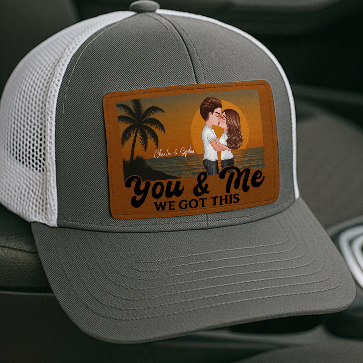Retro Beach Summer Couple Kissing Personalized Leather Patch Hat