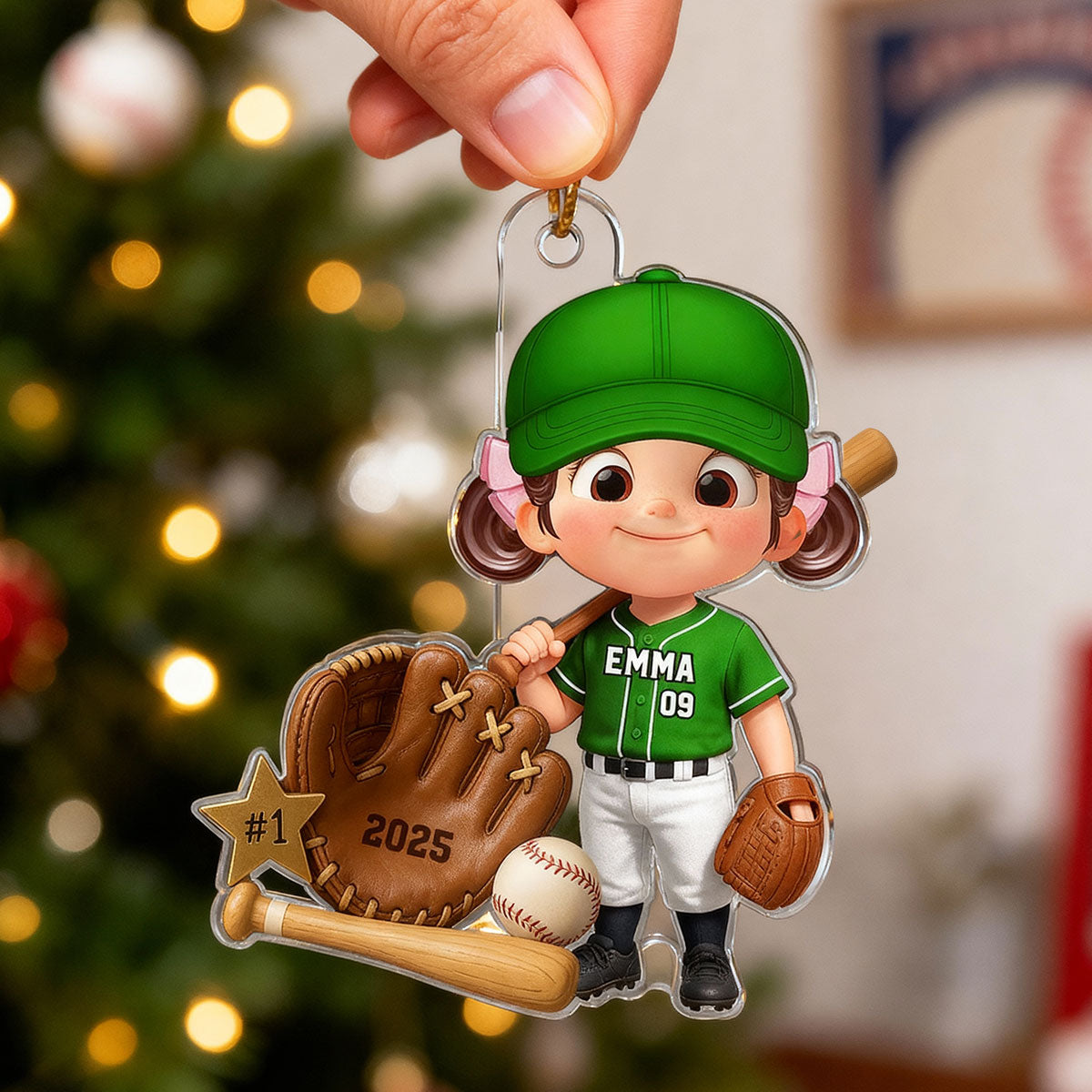 Baseball Player With Baseball Mitt Bat Ball - Personalized Acrylic Ornament - Gift For Kids, Grandkids