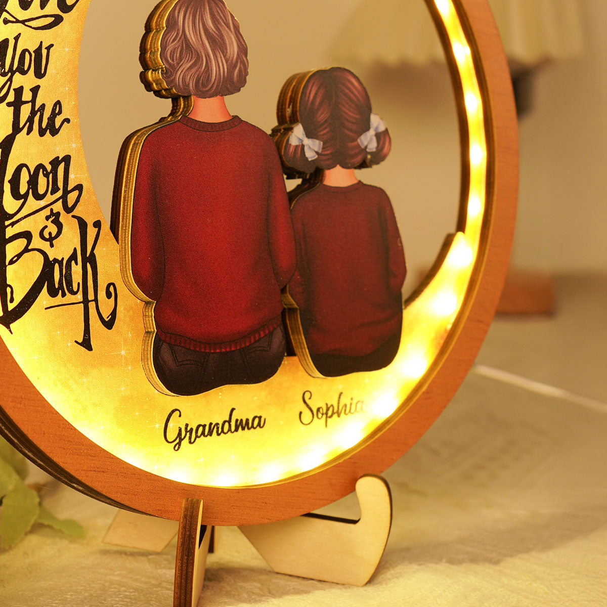 Grandma & Grandkids I Love You To The Moon And Back Personalized 2-Layered Wooden Frame With LED, Mother's Day gift for Grandma