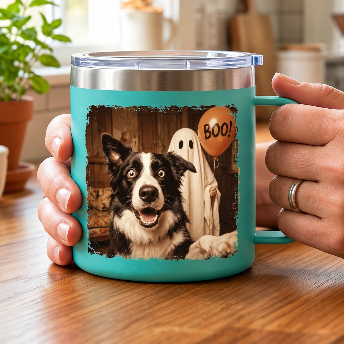 Custom Dog Cat Photo Halloween - Personalized Stainless Steel Tumbler With Handle - Trendy Vintage Spooky Tee for Pet Moms