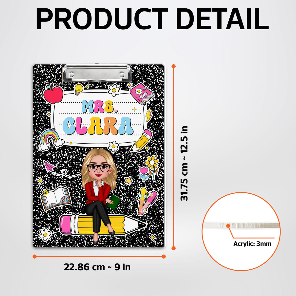 Teacher Composition Book Pattern Personalized Clipboard| Gift For Teacher, Back To School Gift