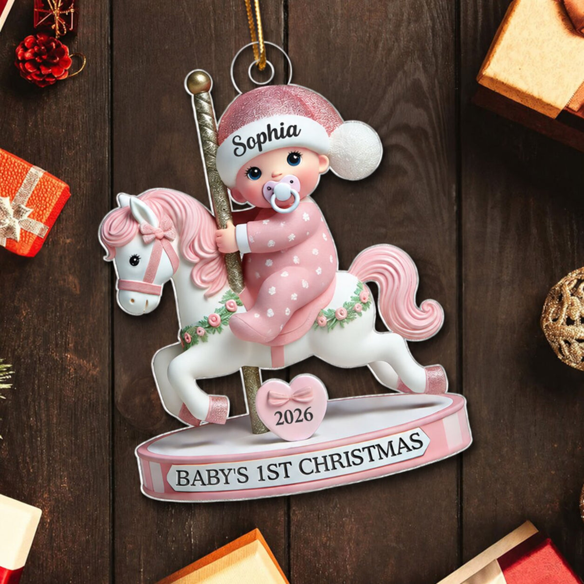 Baby On Merry-go-round Horse 1st Christmas Keepsake 3D Effect Personalized Acrylic Flat Ornament